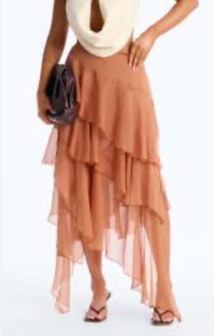 Zara Asymmetrical Tiered Ruffle Midi Skirt in Rust/Cognac